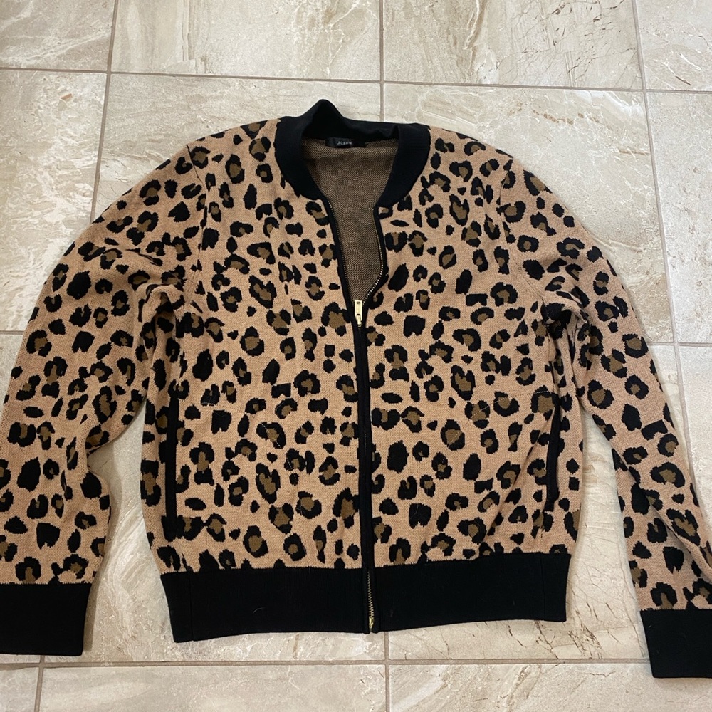 J. Crew leopard print bomber style zip-up cardigan